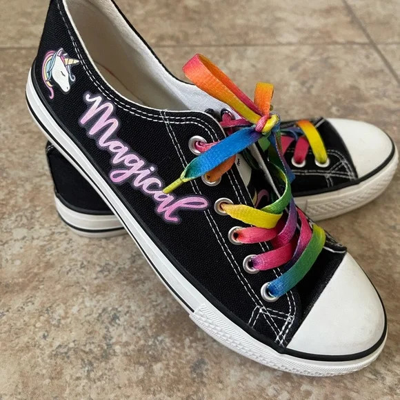 Black Sneakers with Unicorns and Rainbow Laces - Picture 4 of 5